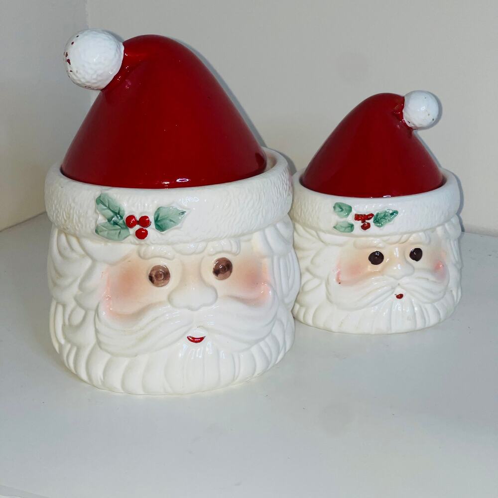 Christmas Santa Canister Jars Hand Painted Ceramic Made In Brazil - Picture 1 of 6